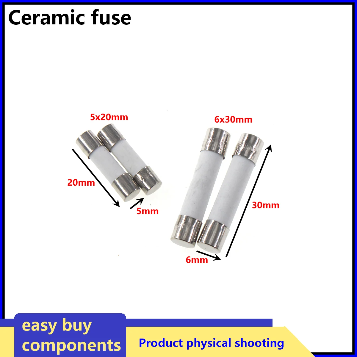 10pcs Fuse Ceramic 5*20mm 6*30mm 2CM 3CM 5X20 6X30MM Fast Blow Tube Fuses 250V 1A 2A 3A 4A 5A 6A 6.3A 8A 10A 15A 20A 25A 30A
