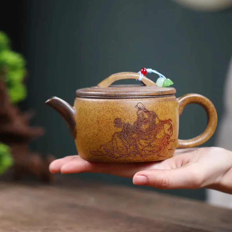 Handcrafted Yixing Zisha Teapot Made From Raw “Dragon Bone” Gold Sand Clay: “Drunken Taibai Tile Teapot 320ml