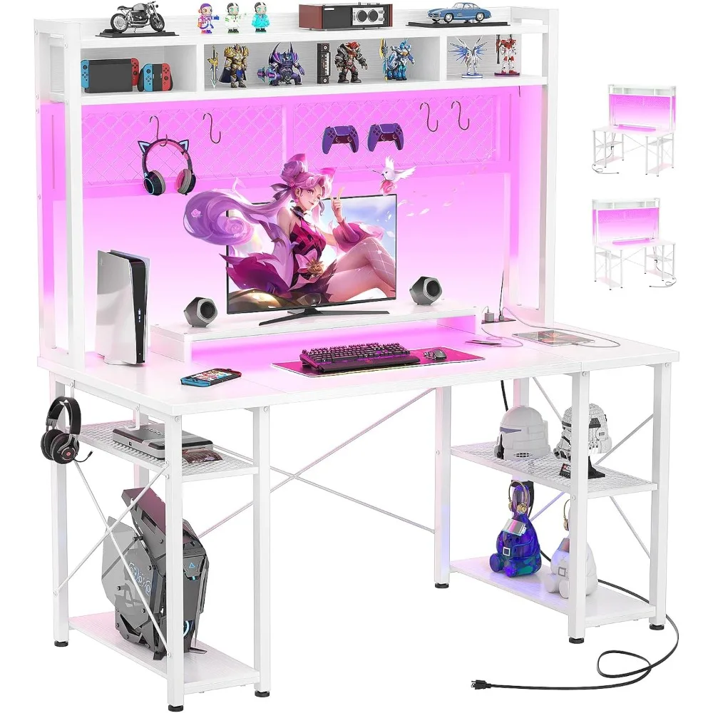 

armocity 2024 Upgrade Gaming Desk with Hutch, 48'' Magic Computer Desk with LED Lights and Outlets, Reversible Workstation Desk