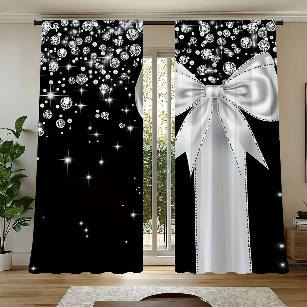 Black Diamond Curtains 2pcs, Sparkling Gemstone White Bow Rod Pocket for Living Room Bedroom Office Kitchen Luxury Decor