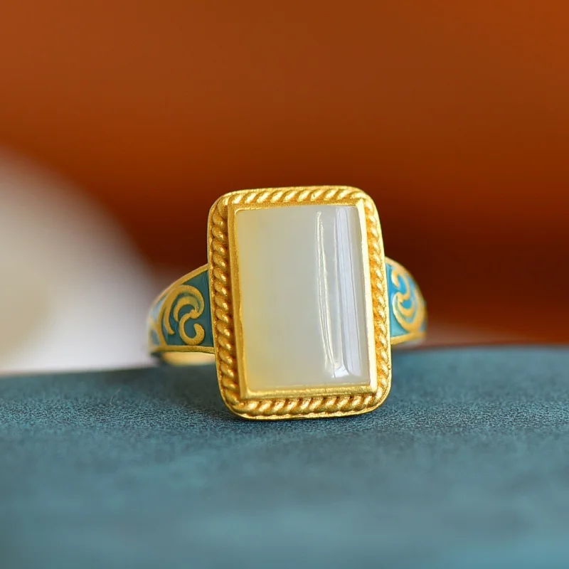 

Женское кольцо из натурального белого нефрита Hetian с квадратной поверхностью барабана S925, серебряное позолоченное стильное кольцо
