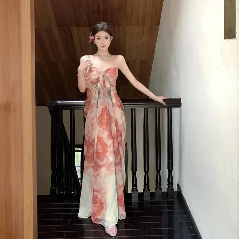 Sexy Off Shoulder Niche Tie Dye Long Dress Women Elegant Print Knot Sleeveless A-Line Strapless 2025 Summer Beach Party Vestidos