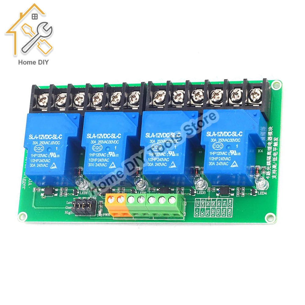 4 channel relay module 30A with optocoupler isolation 5V 12V 24V supports high and low Triger trigger for Smart Home