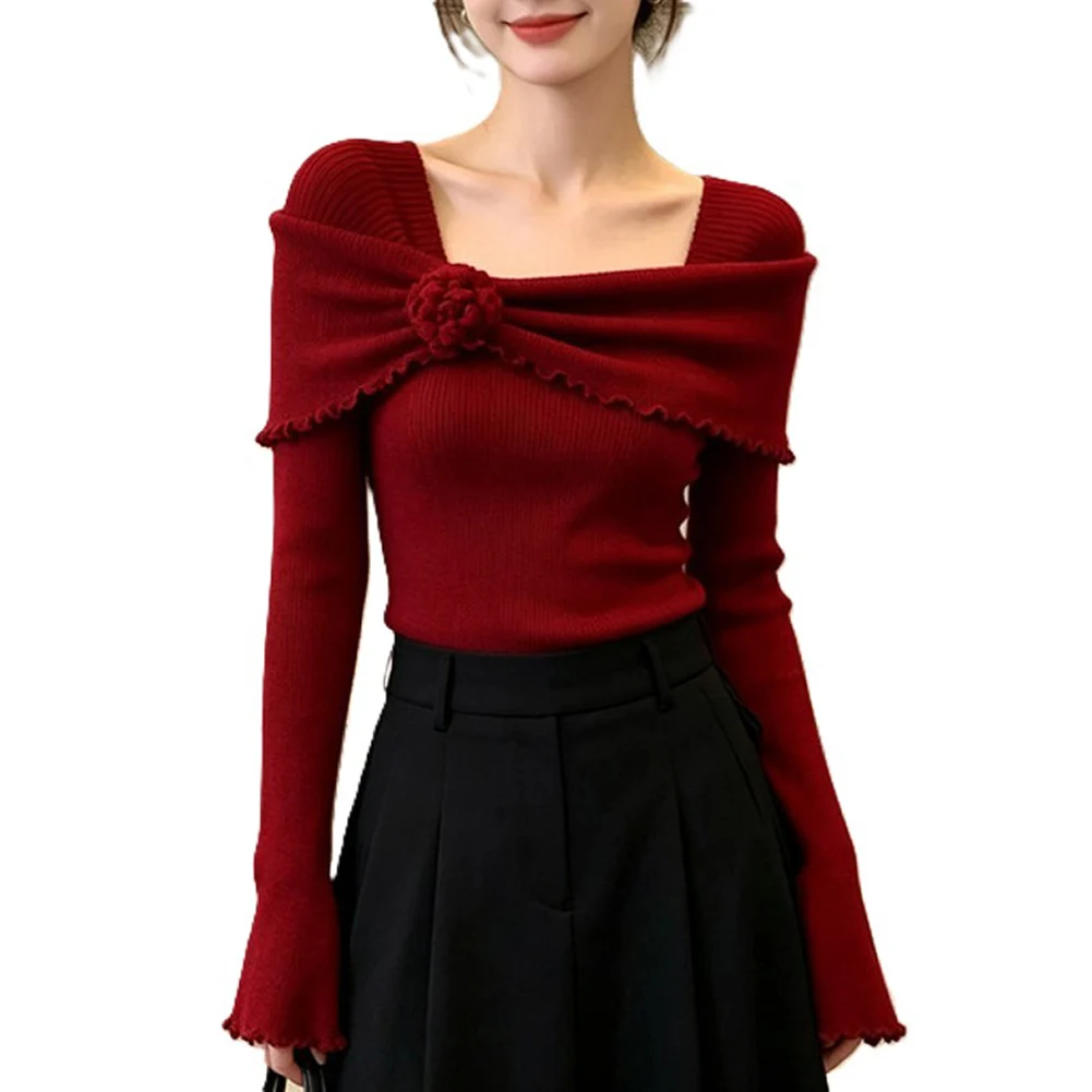 Women's Solid Color Flower Long Sleeved Knitted Slimming Tops V-shaped Hem And Wide Neckline Design Sweater