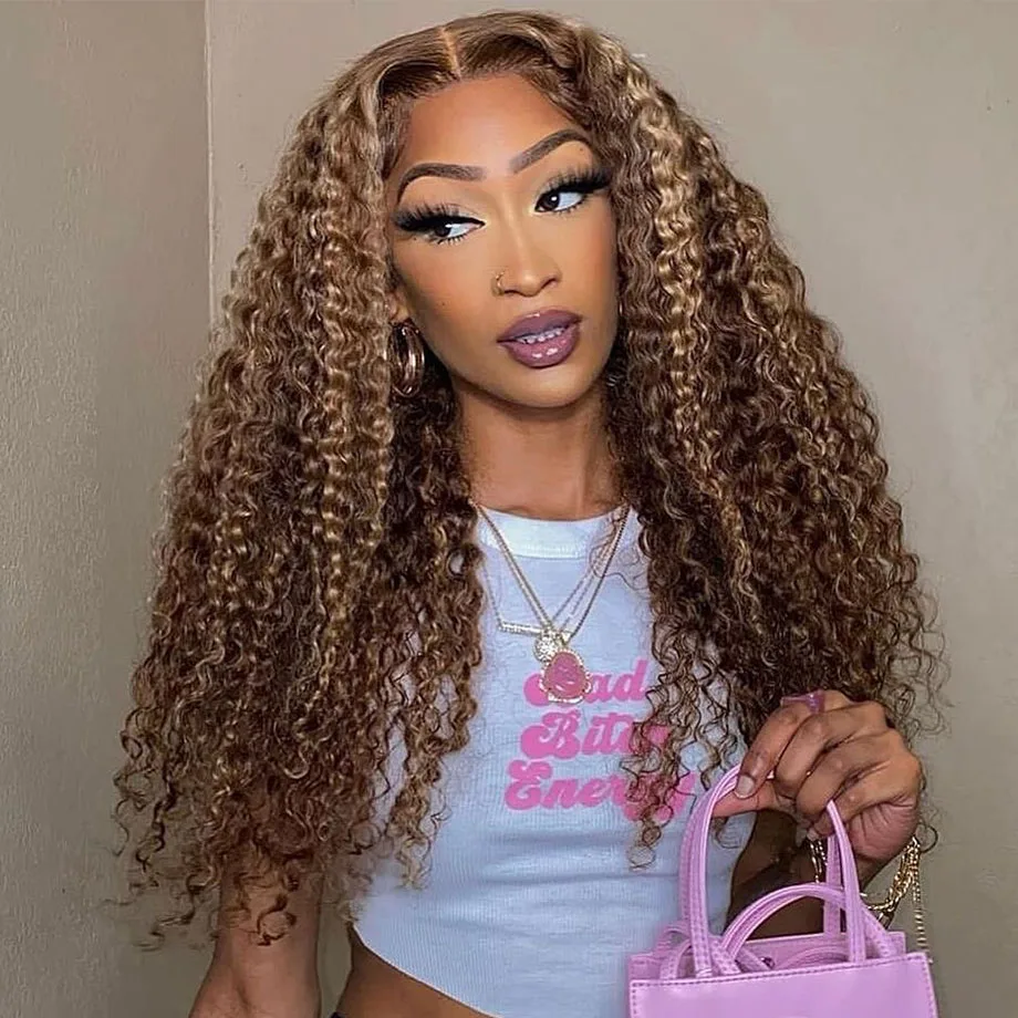 180Density Highlight Ombre Lace Front Wig Curly Human Hair Wigs Honey Blonde Colored HD Deep Wave Frontal Wigs For Black Women