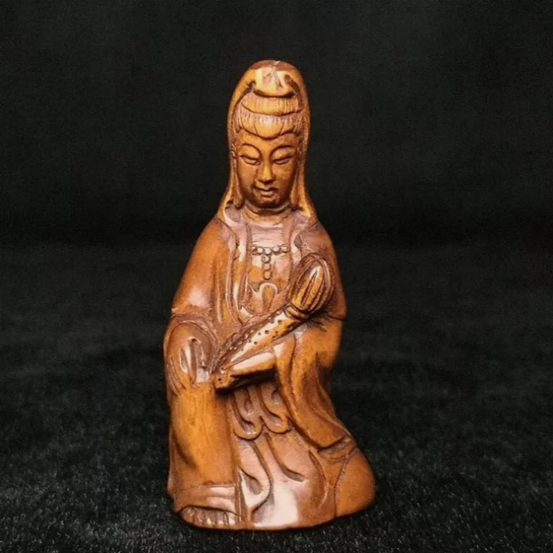 2.3 Inch Hand Carved wood Netsuke Avalokitesvara Kwan-yin Statue Boxwood Figure
