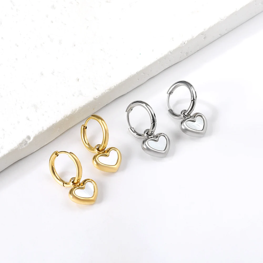 LUXUSTEEL Stainless Steel Geometric White Shell Hoop Earrings For Women Heart Round Square Shape Bee Moon Crown Daily Jewelry