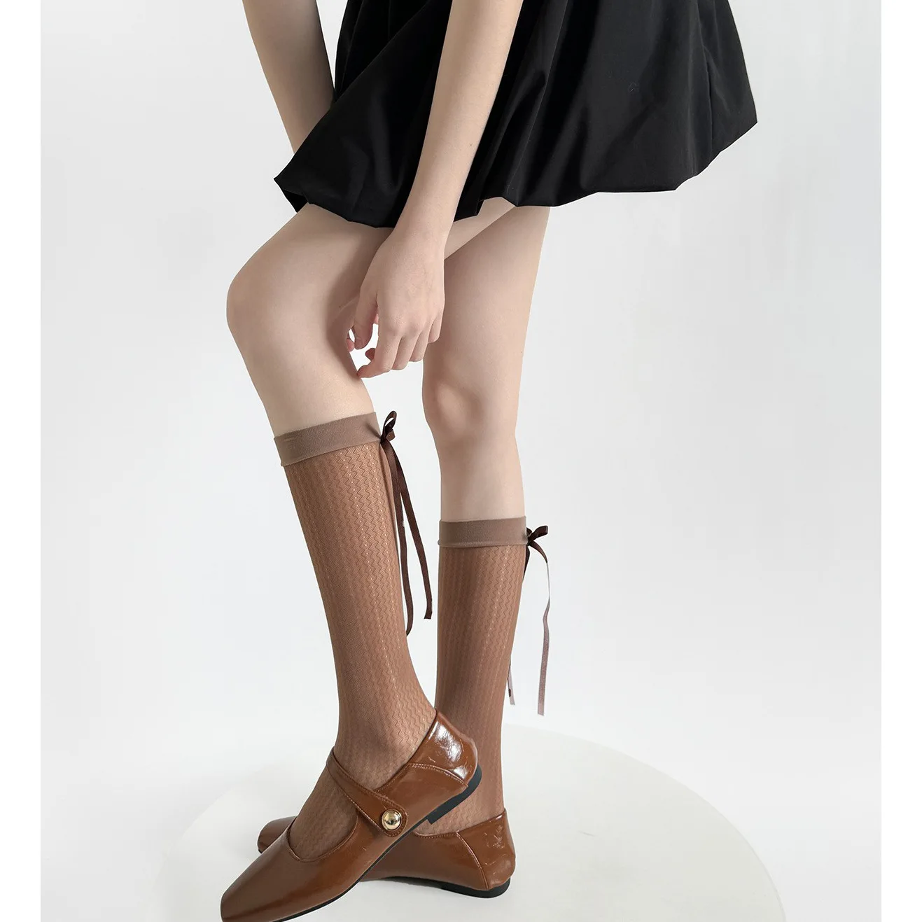 Lace Hollow Calf Socks Heel Streamer Bow Mid-tube Stacking Socks Japanese Water Ripple Mesh Jacquard Stockings
