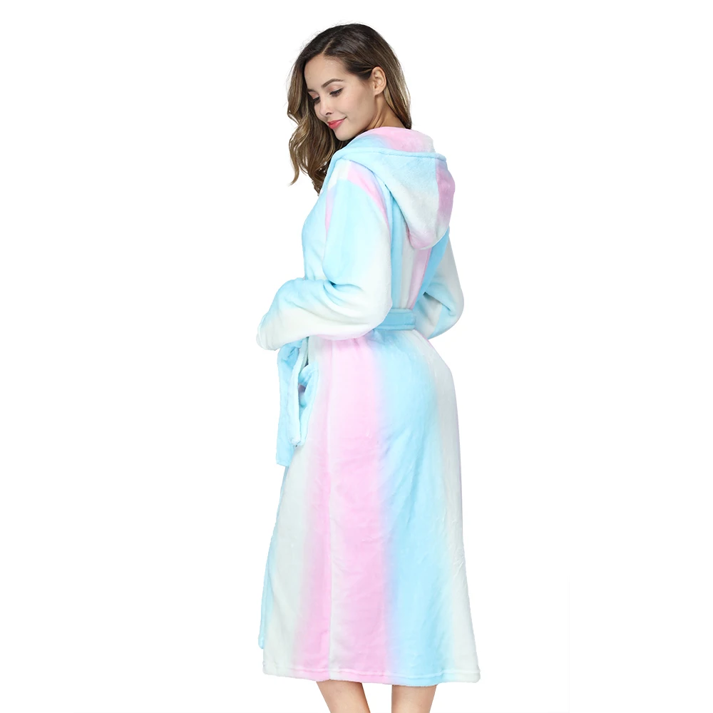 RONGTAI Womens Rainbow colored Flannel Bathrobe Ladies Fleece Plush Warm Long Robes Fleece Nightgown Sleepwear