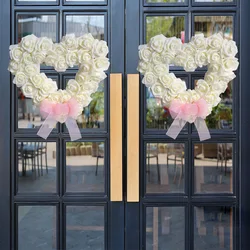 Yannew 14inch Valentine's Day Decor Artificial Foam Rose Heart Shaped Wreath with Bow Tie for Front Door Window Wall Home Decors