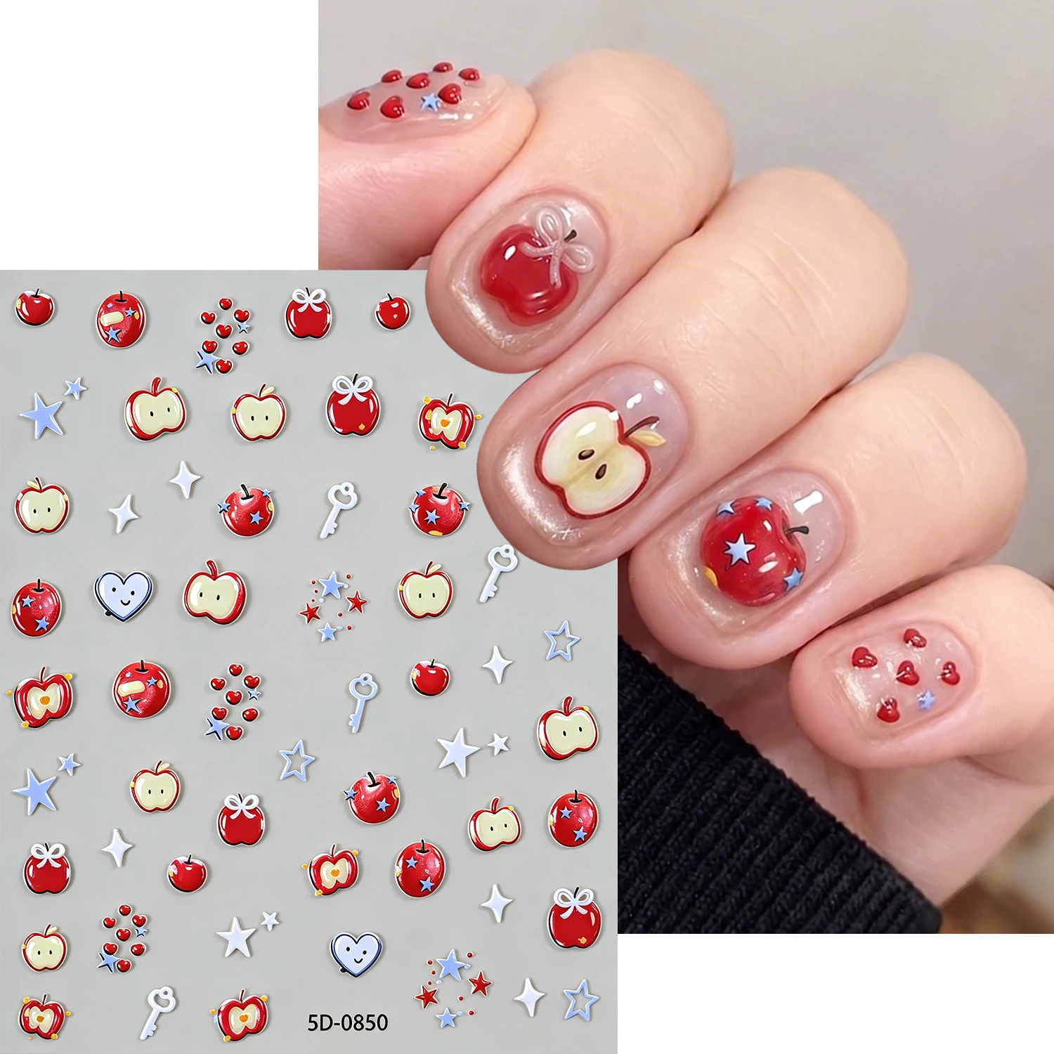 1/2Pcs 5D Embossed Red Apple Nail Art Stickers Kawaii Sweet Fruit Slices&Heart Star Adhesive Nail Decals DIY Summer Nail Sliders