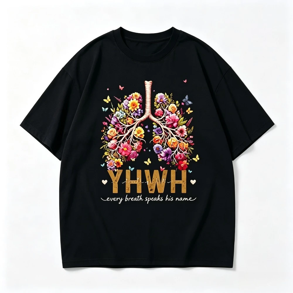 Anatomical Lungs  T-Shirt Every Breath Speaks His Name Vintage Flower Butterfly Print Oversized Short Sleeve Tee For Men Women