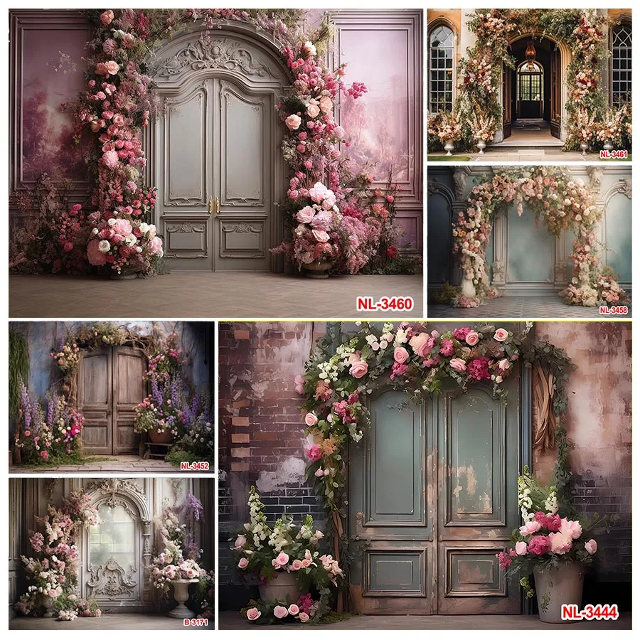 

Vintage Retro Door Floral Background for Photography Newborn Baby Portrait Photoshoot Backdrop Cake Smash Photographic Banner