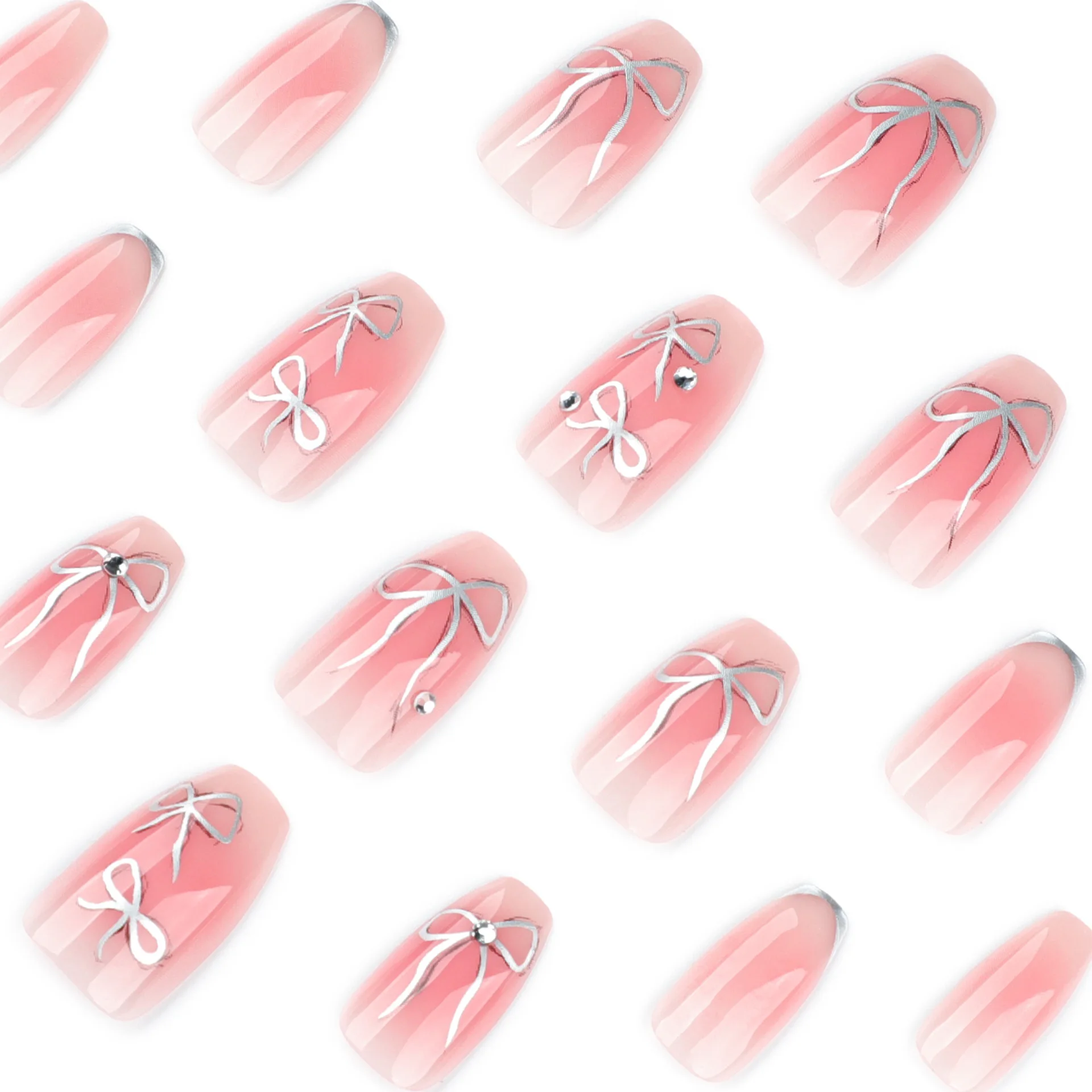 24 Stück einfache erröten tragbare künstliche Nägel silberne Schleifen-Designs kurze Ballett-Press-on-Nägel silberner Rand koreanischer Stil falscher Nagel