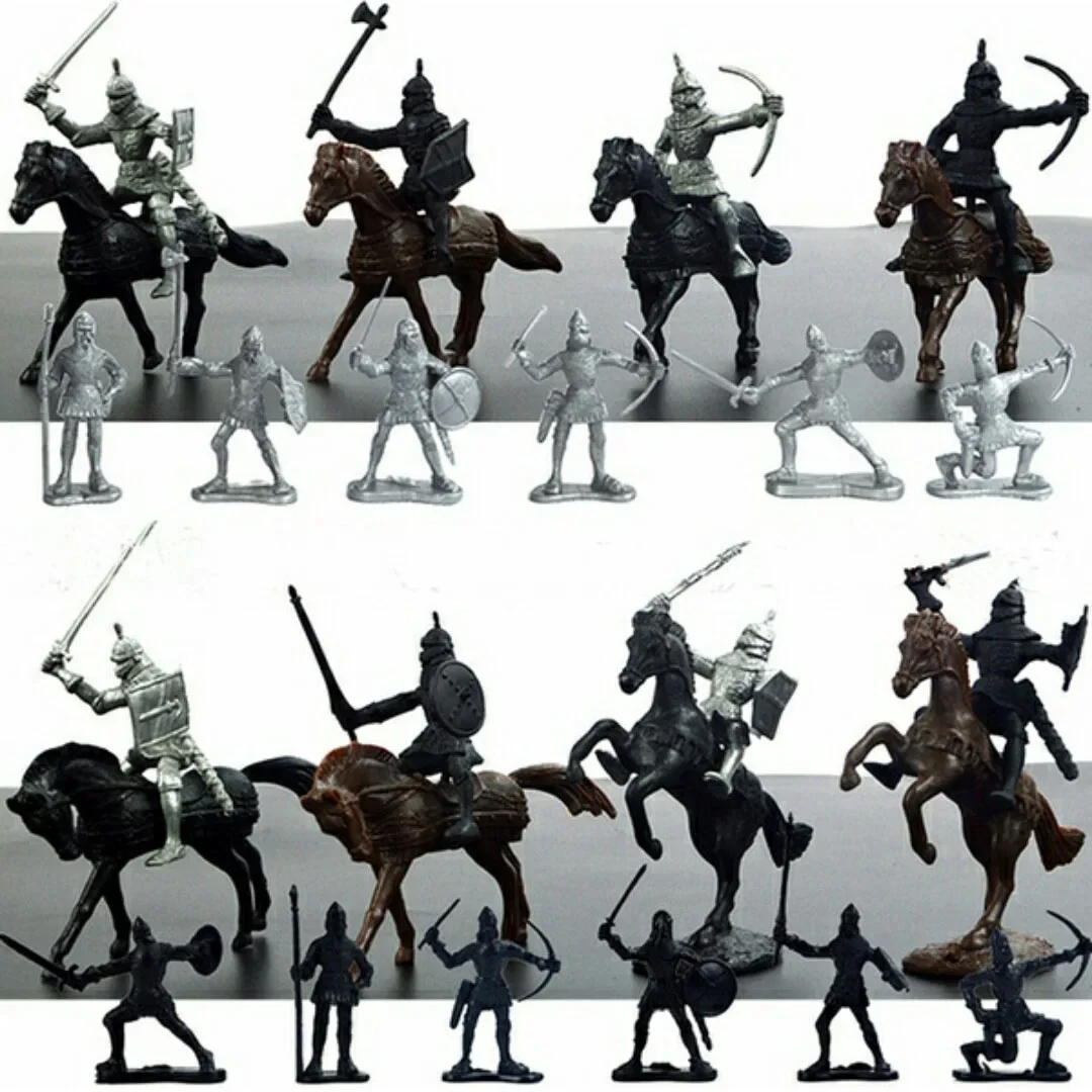 28Pcs/Set Medieval Knights Warriors Horses kit Roman Cavalry  Soldier Figures Static Model Playset Playing On Sand Castles Toy