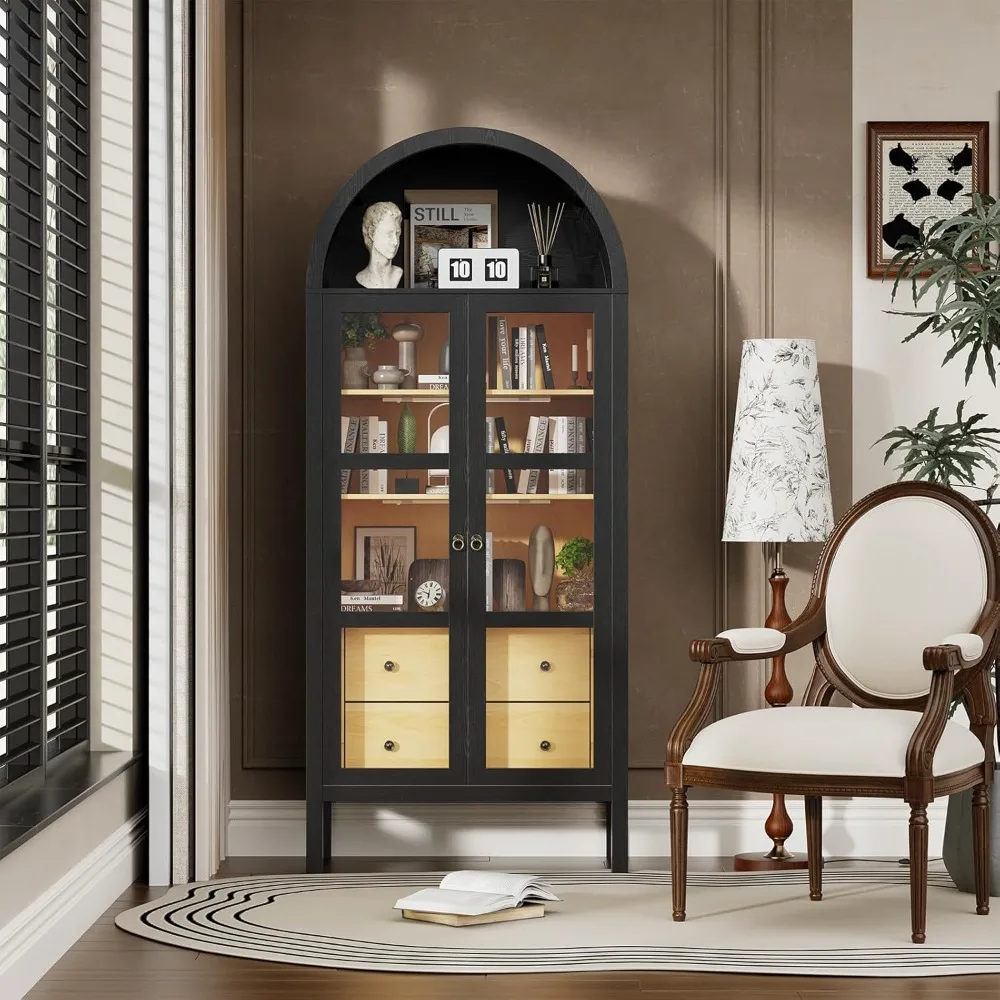 خزانة على طراز المزرعة الحديثة بطول 72 بوصة مع أبواب زجاجية مقوسة وأرفف قابلة للتعديل