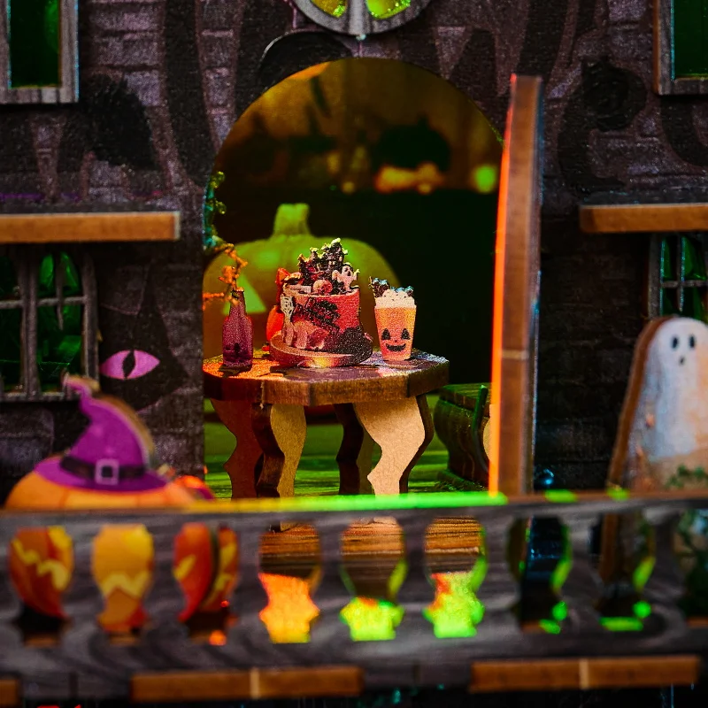 Diy halloween noite carnaval casa kit de modelo em miniatura de madeira 3d quebra-cabeça casas de boneca com móveis casa de bonecas para amigos presentes