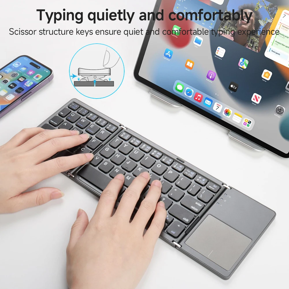 Mini Bluetooth Keyboard with Touchpad for Android IOS Windows Three Fold Wireless Keyboard for Macbook PC Laptop Tablet Phone