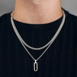 Vnox Layering Necklaces for Men, Stainless Steel Geometric Hollow Bar Pendant with Box Rope Chain, Stacked Fashion Jewelry