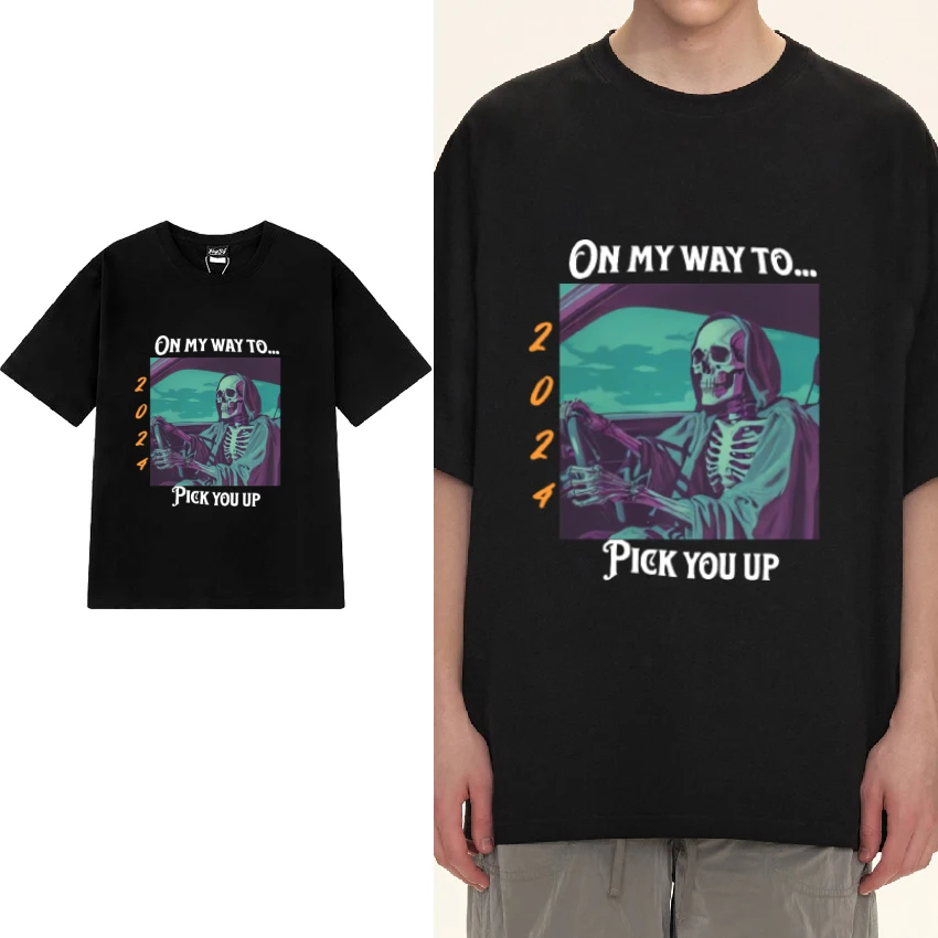 

Vintage On my way to pick you up skull print T shirts Men Women gothic Oversized streetwear Unisex Cotton short sleeve T-shirt
