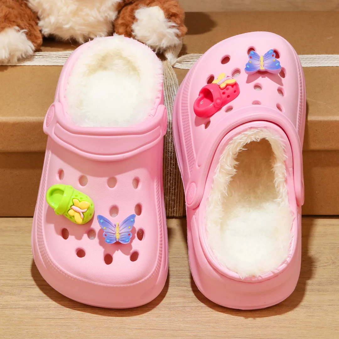 Kids Fur Lined Clogs and Mules, Lightweight Cotton Lined Garden Shoes, Winter Warm House Slippers for Boys Girls Toddler 168