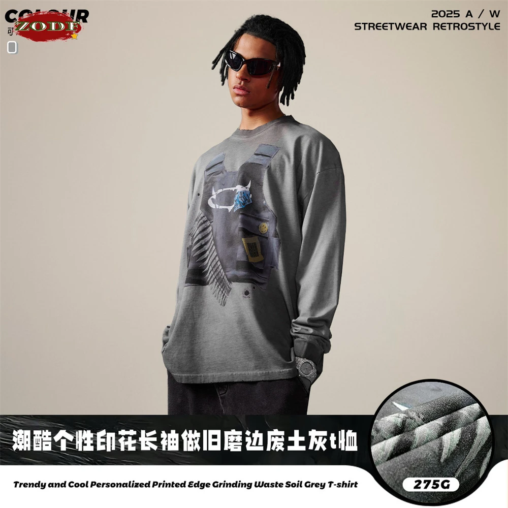 ZODF 2025 Autumn High Street Printing Washed Cotton T-Shirts For Men Unisex Loose Long Sleeve 275gsm T Shirt Brand Tops HY0015