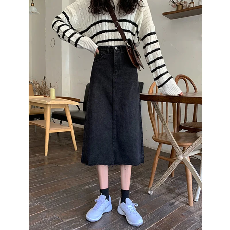 Korean Style Skirt Female Literary High Waist Retro Long Skirt Fashion Stretch New Design A Word Dress