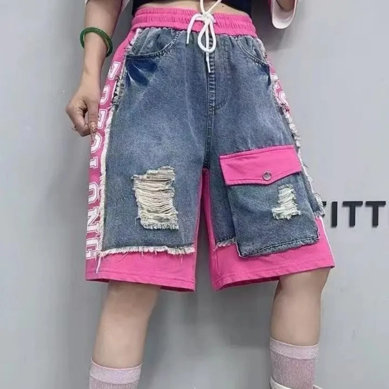 European Goods Denim Shorts Women's 2025 Summer New Letter Printing Splicing Pocket Ripped Five-point Pants Women Shorts