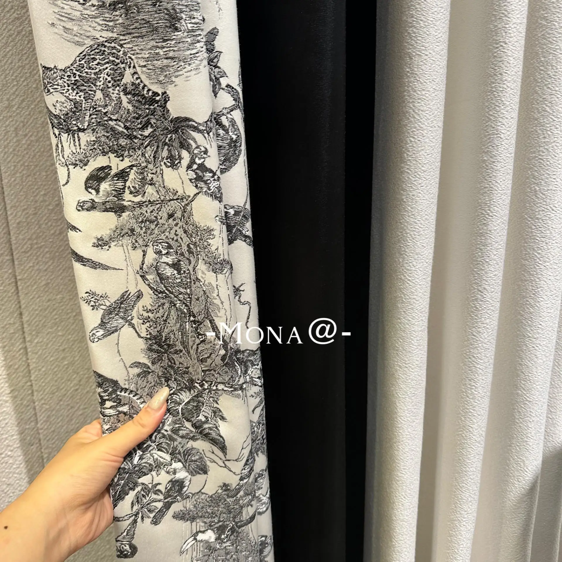 High-end Black and White Jungle Jacquard Chenille Thickened Splicing Curtains for Living Room and Bedroom Customized Partition