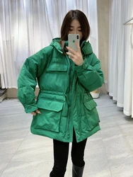 Green Autumn Parkas Winter Jacket 2022 New Korean Fashion Waist Can Adjust Coats with A Big Hood Thicken Warm Outerwear