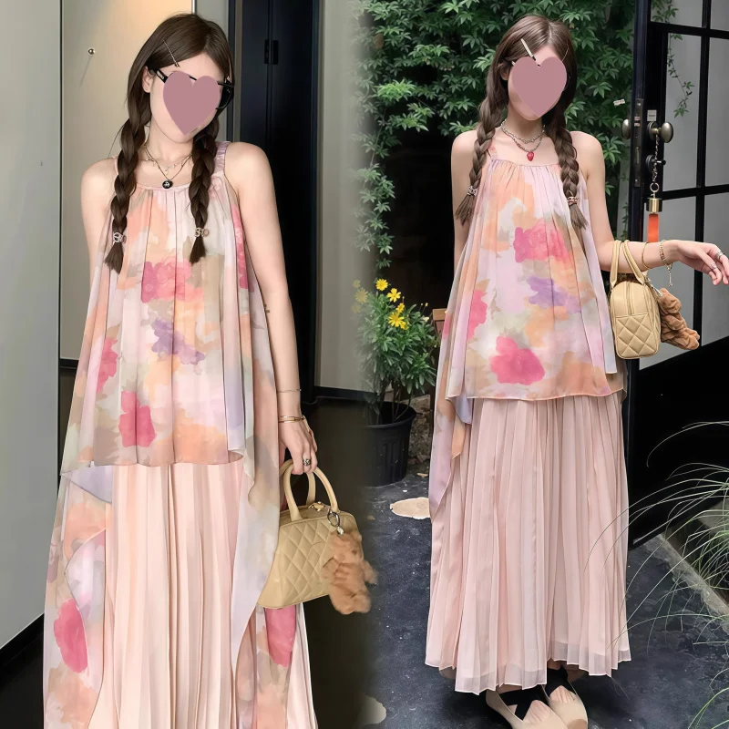 

Oil Painting Floral Mesh Dress, Sleeveless, Strapless, Vacation Beach Dress, Gradient Pleated Slimming Long Dress