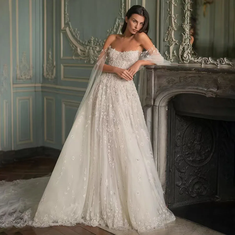 

Элегантное кружевное свадебное платье с открытыми плечами 2025 Тюлевое свадебное платье трапециевидной формы со шлейфом Свадебные платья для вечеринок Vestidos de Novia Custom