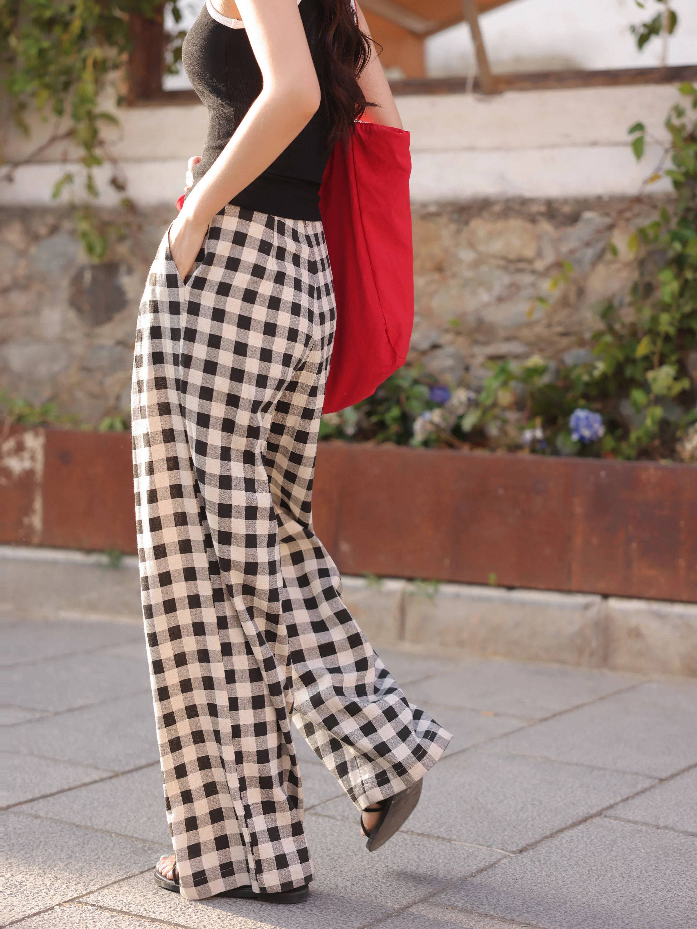 Vintage High Waist Plaid Wide Leg Pants Black White Checkered Trousers for Women Summer Casual Relax Floor Length Long Pants