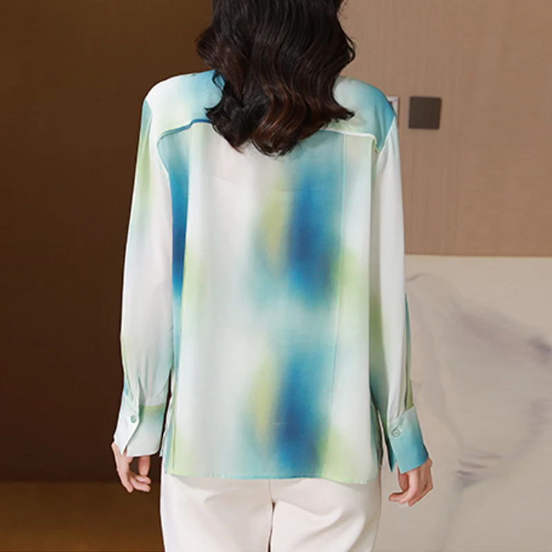 Camicette di seta casual streetwear con stampa chic a maniche lunghe Camicie da donna eleganti e sottili da ufficio Top vintage Camisas