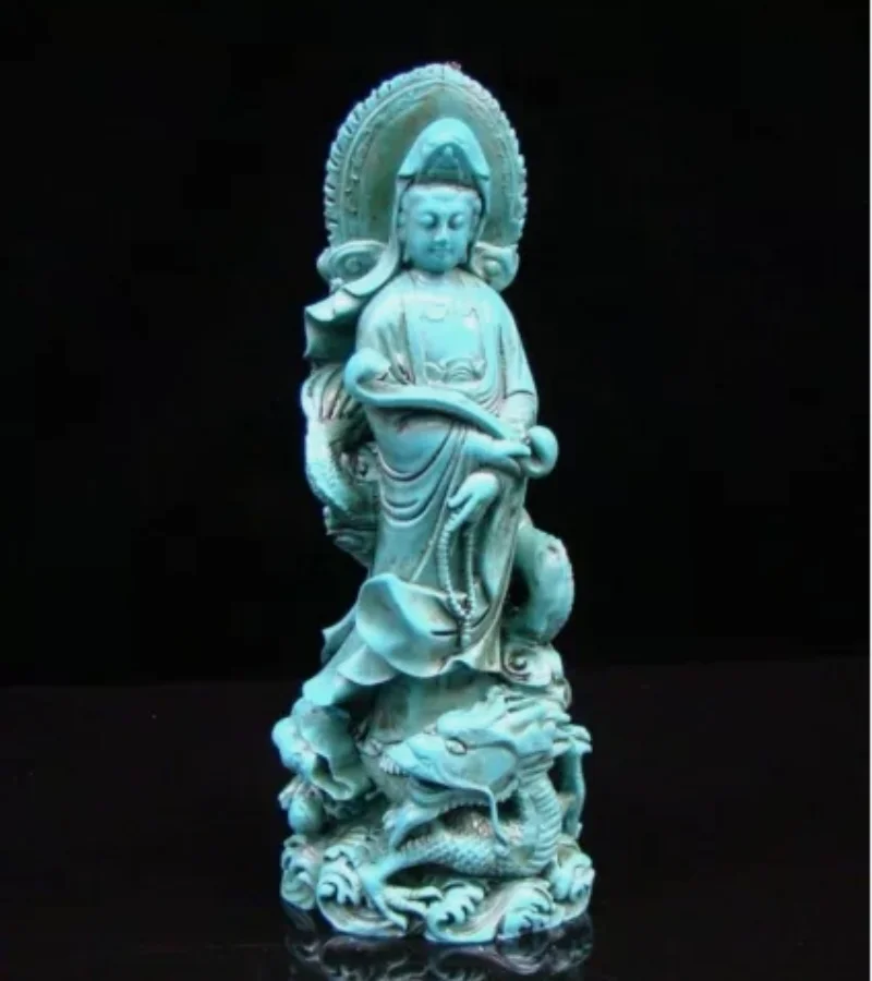 Chinese Turquoise Handmade Carved Statue Kwan-yin Dragon RuYi Exquisite