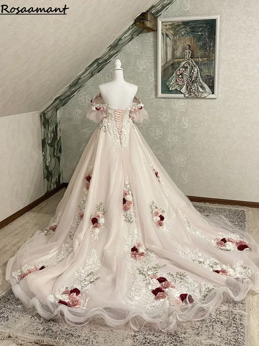 Pink Off The Shoulder 3D Flowers A-Line Wedding Dresses Princess Appliques Lace Bridal Gowns Robe De Mariee