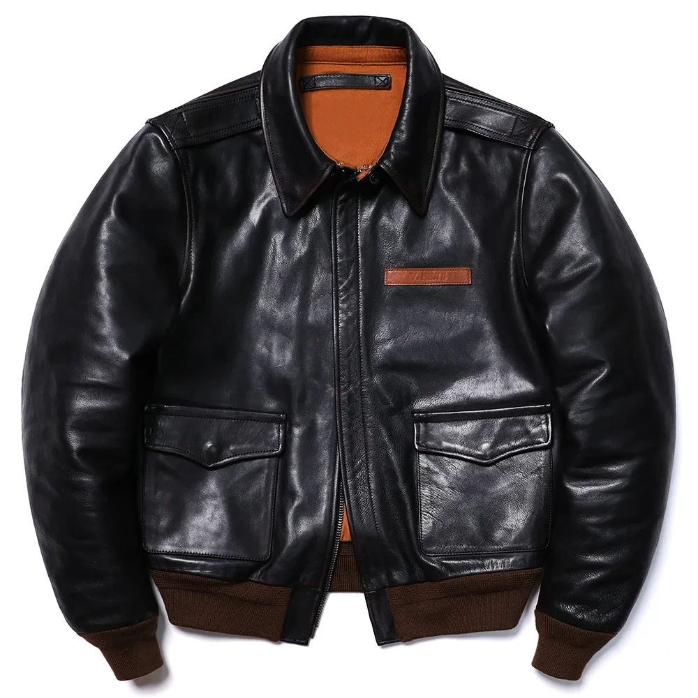 Classic A2 Type High Quality Bicolor Horsehide Jacket Men's Genuine Leather Air Force Vintage Colth Motorcycle Retro Coat