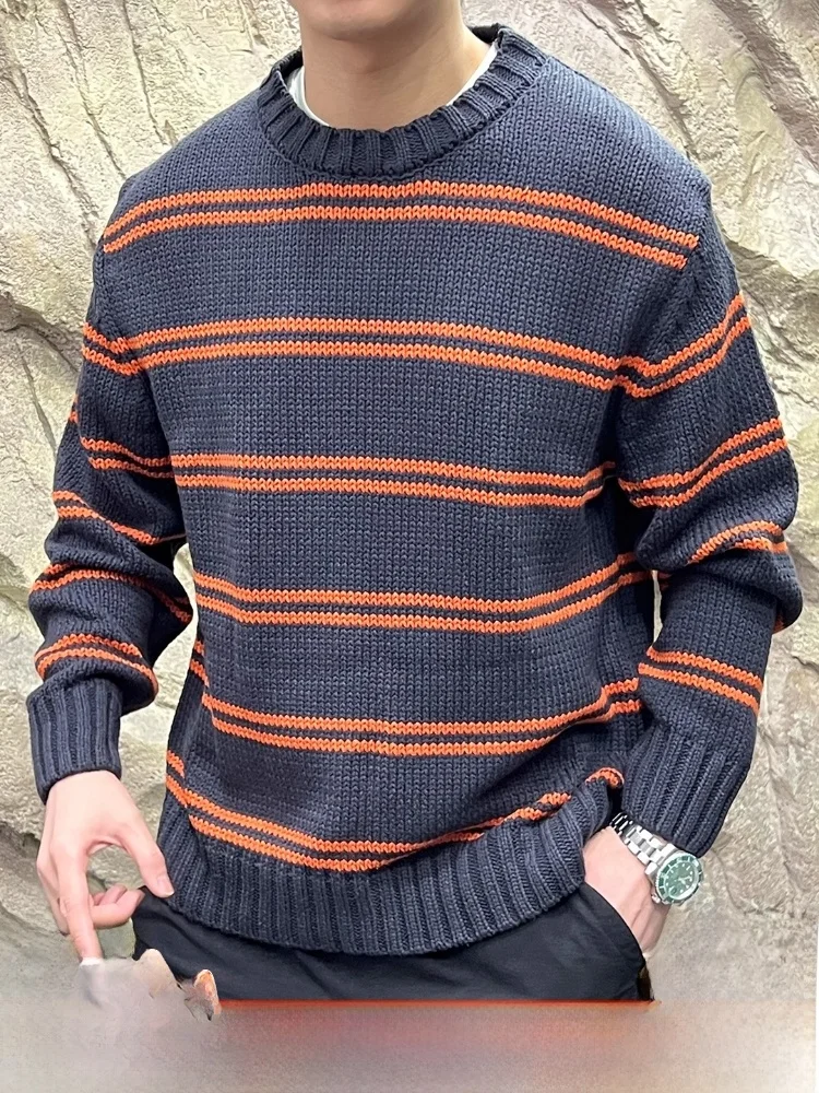 

Вязаный свитер в полоску в стиле ретро, уютный свободный крой, круглый, мужской, осенний, модный, повседневный, роскошный, с длинным светом, приятный для кожи
