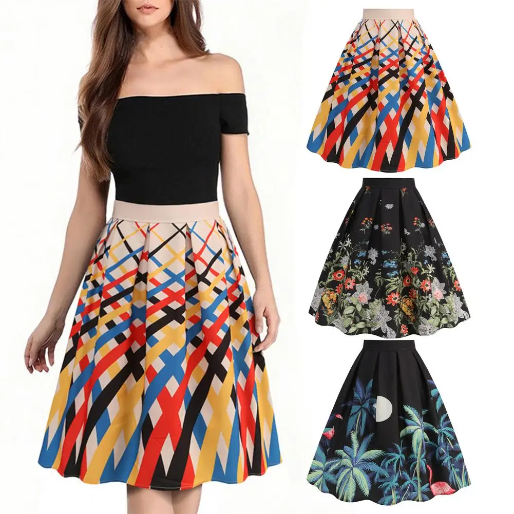 

High-waisted Skater Skirt Trendy Women's Graffiti Print Midi Skirt with High Waist Hidden Back Zipper Stretch for Streetwear