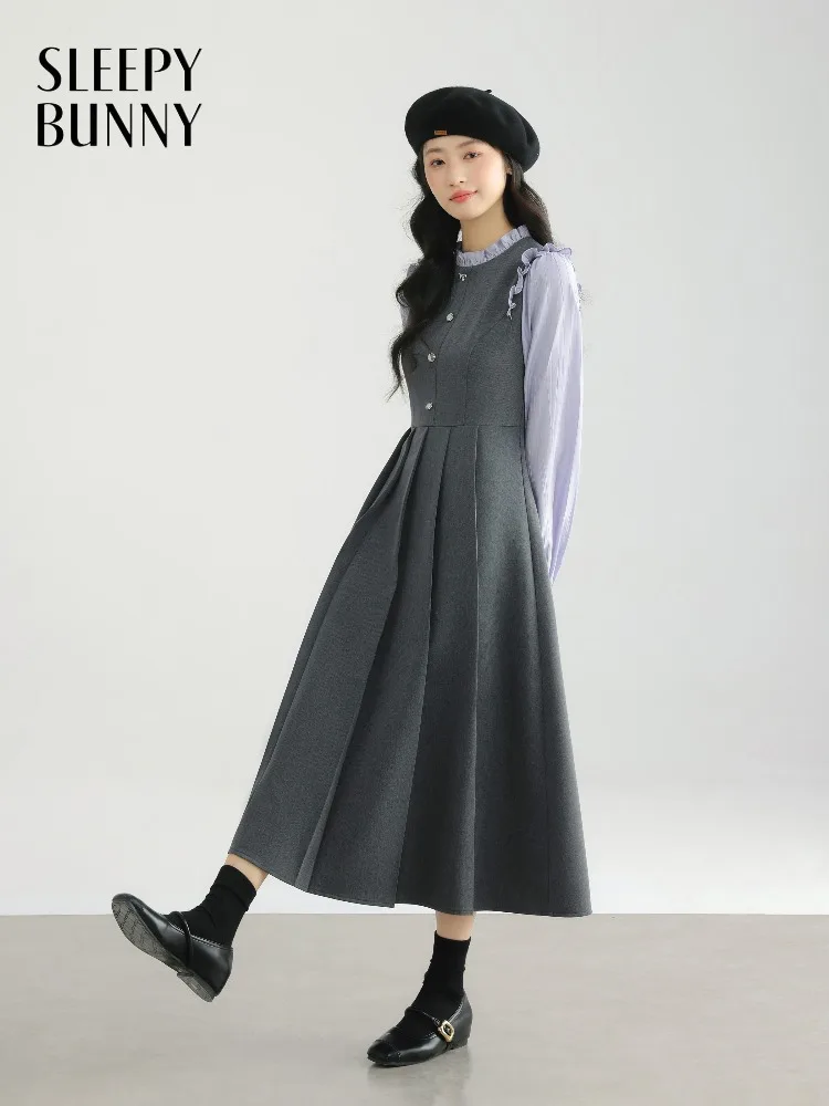 

Elegant Sweet Pleated Dress Women Korean Style Fake Two-Piece Dress Ruffled Patchwork Long Sleeve Midi Slim Fit Autumn Outfit