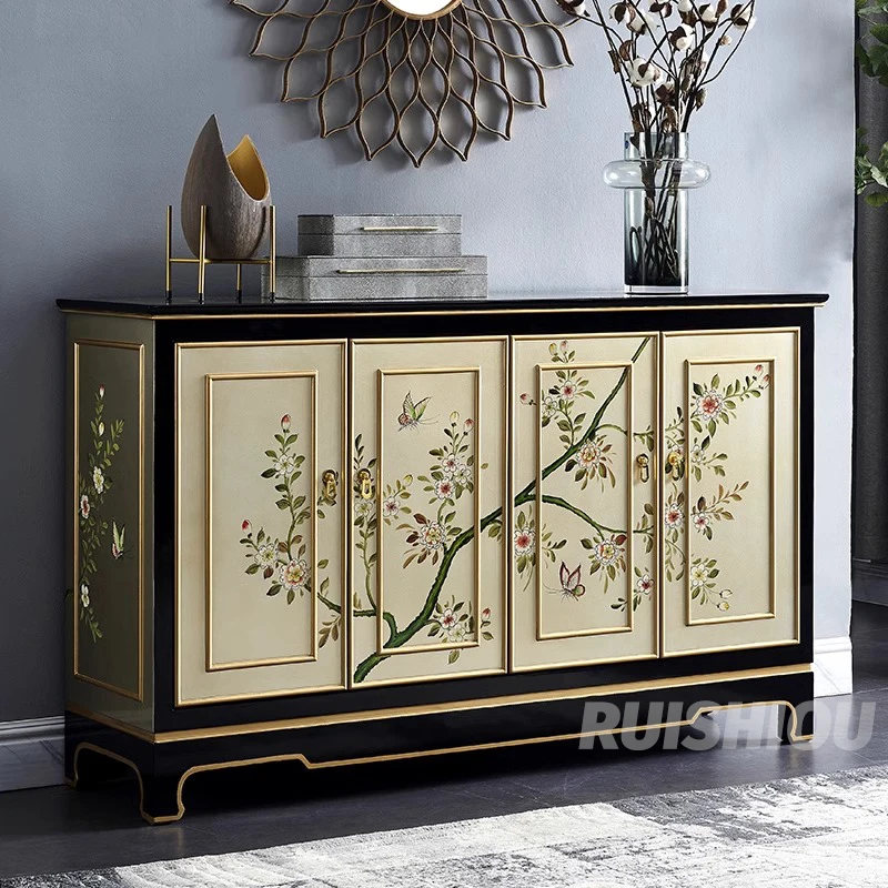 New American Solid Wood Side Cabinet Chinese Home Silver Foil Painted Luxury Porch Storage Cabinet For Hall Use