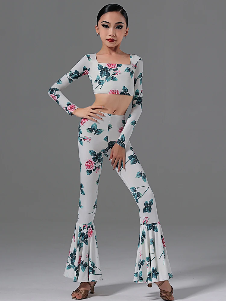 Traje de baile latino con estampado para niñas, Tops cortos, pantalones acampanados, ropa de práctica, ChaCha, Rumba, Samba, ropa de actuación de baile, YS5169, nuevo