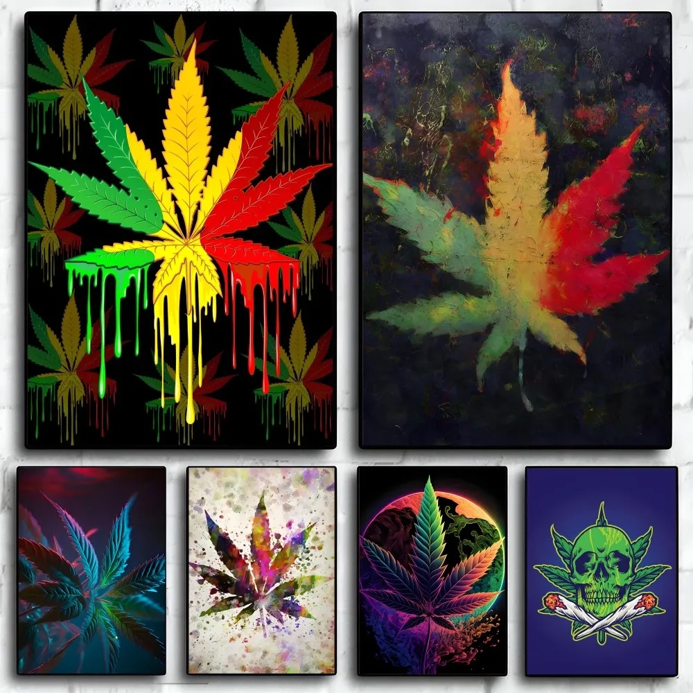 

Boho Psychedelic Weed Leaf Poster Paper Print Home Living Room Bedroom Entrance Bar Restaurant Cafe Art Painting Decoration