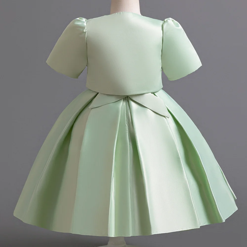 Girl\'s New Decal Pearl Bow Green Princess Dress Wedding Flower Girl Piano Performance Princess Dress for 4 5 6 7 Years