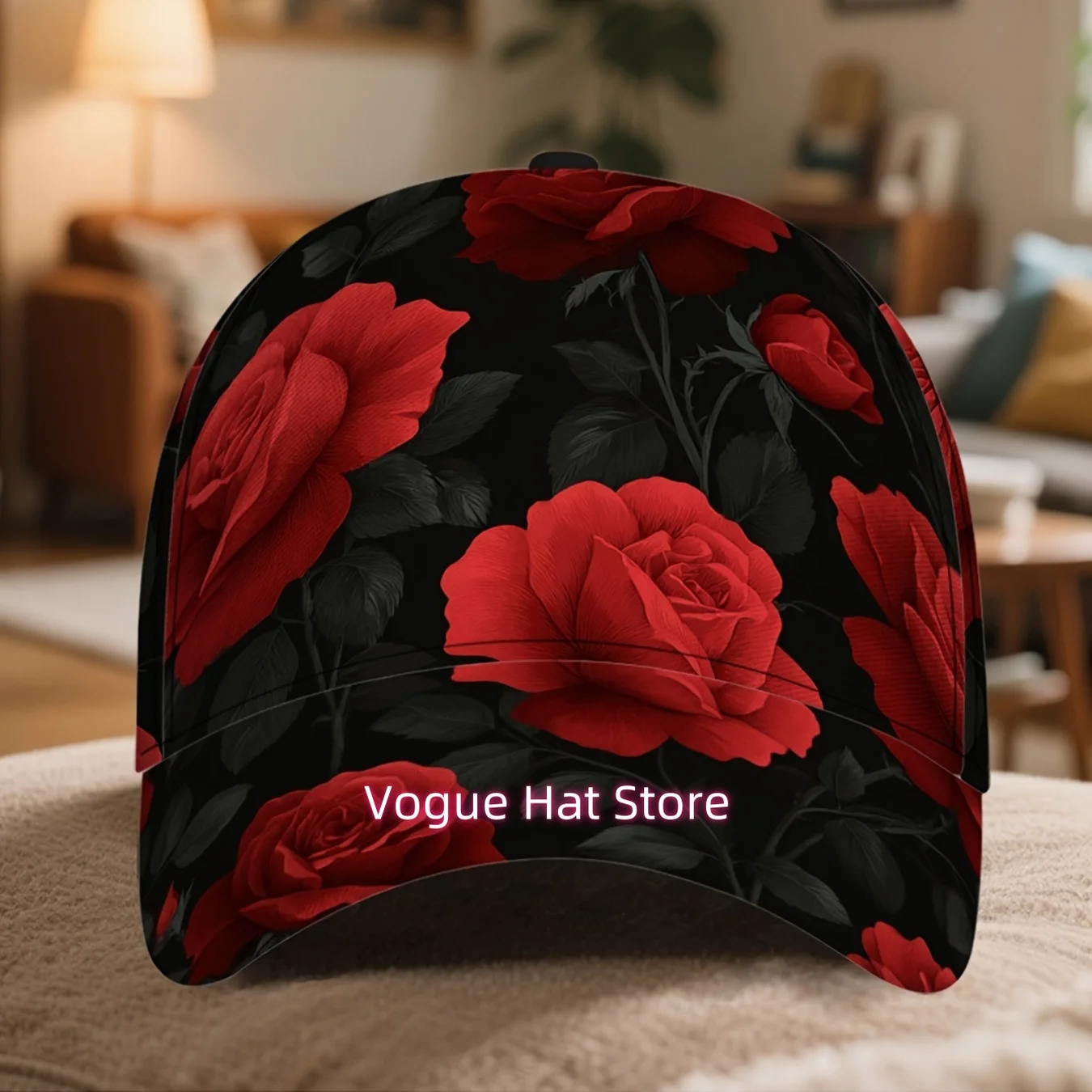 1pc, Men'S Striking Black Floral Baseball Cap with Red Roses, Adjustable Snapback, Lightweight, Easy to Clean, Comfortable Fit,