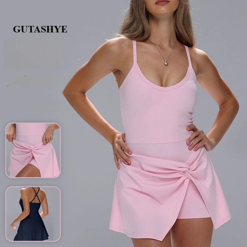 Vestido Esportivo Sem Mangas com Recorte nas Costas, Bojo e Detalhe Torcido Elástico, Antideslizante, para Tênis, Treino e Fitness Casual
