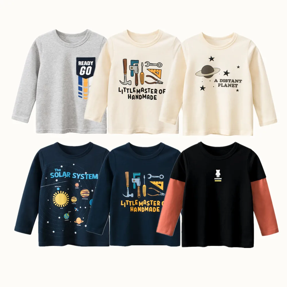 2024 Autumn Kids Space Planet Cartoon T-Shirts Clothes 100% Cotton Long Sleeve Tops Boys Girls Tees Bottoming Shirts