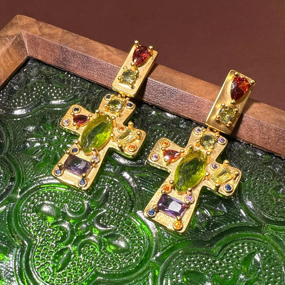 Foreign trade brass diamond cross earrings vintage niche design sense advanced design cross-border hot-selling earrings