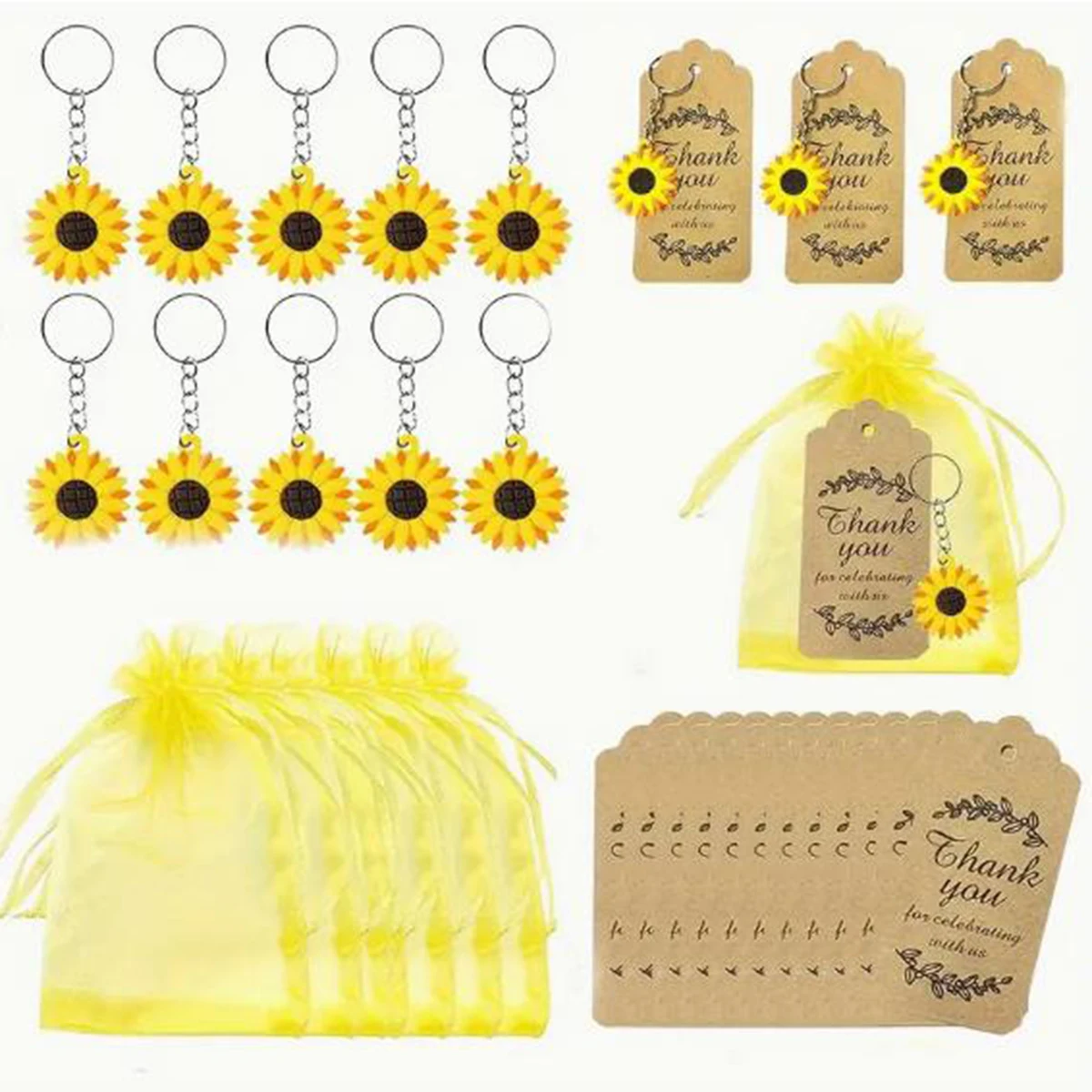 Set/30 pieces, Sunflower Keychain Party Gift Set, including 10 sunflower keychains, 10 organza bags, and 10 thank you kaf tags f
