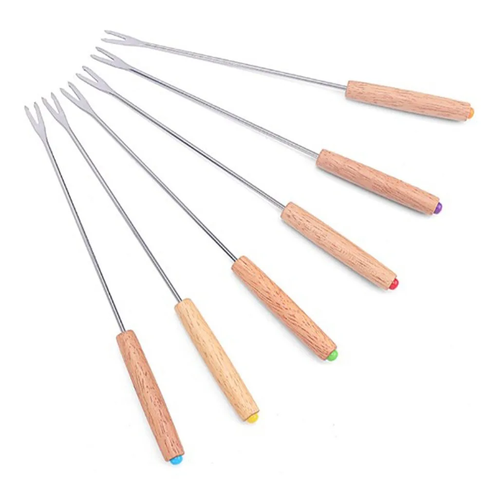 6pcs Portable 9.45in Fondue Fork Rustless Wooden Handle Dessert Fork Heat Insulated Color Coded Cheese Fork Kitchen Use
